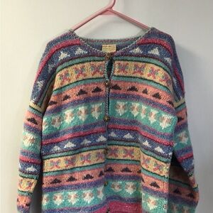 Vibrant Multicolor Women's Cardigan Handmade Wool XL